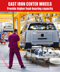 Six Inch Heavy Duty Industrial Casters Featuring Crowned Red Polyurethane Treads And Rock Solid Cast Iron Cores, used in automotive assembly line.