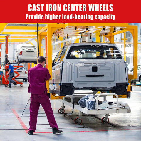 Six Inch Heavy Duty Industrial Casters Featuring Crowned Red Polyurethane Treads And Rock Solid Cast Iron Cores, used in automotive assembly line.