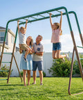 Backyard Swing Set Built Tough With Monkey Bars Trapeze Bar And Two Belt Swings Heavy Duty Metal Playground For Kids Outdoor Jungle Gym In Green And Brown Weather Resistant Powder Coated Steel in use by family