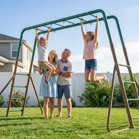 Backyard Swing Set Built Tough With Monkey Bars Trapeze Bar And Two Belt Swings Heavy Duty Metal Playground For Kids Outdoor Jungle Gym In Green And Brown Weather Resistant Powder Coated Steel in use by family