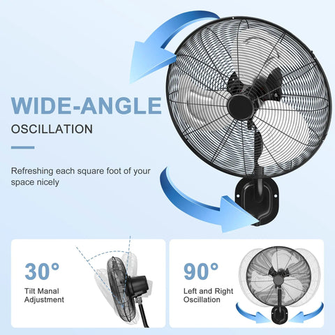 Rock Solid 20 Inch Wall Mount Fan With Heavy Duty Industrial Build High Velocity Oscillating Indoor Outdoor Fan displaying oscillation feature