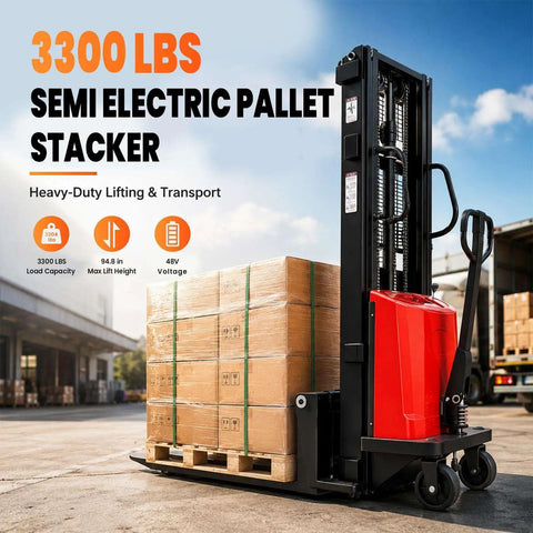 Walkie Pallet Stacker Semi Electric 3300 Lb Capacity 94 Inch Lift Height 48 Volt Battery Powered with pallet load.