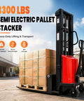 Heavy Duty Electric Pallet Stacker 3300 LB Capacity 94.8 Inch Lift Smooth Semi Electric Walkie Rig with pallets in warehouse.