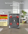 Killer Compact Washing Machine With 2.2 Cu Ft Auto Sense Water Level Detection 1400 Rpm Spin showing shipping bolts and warning label.