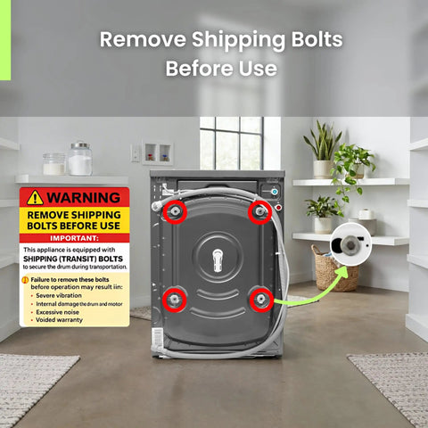Killer Compact Washing Machine With 2.2 Cu Ft Auto Sense Water Level Detection 1400 Rpm Spin showing shipping bolts and warning label.