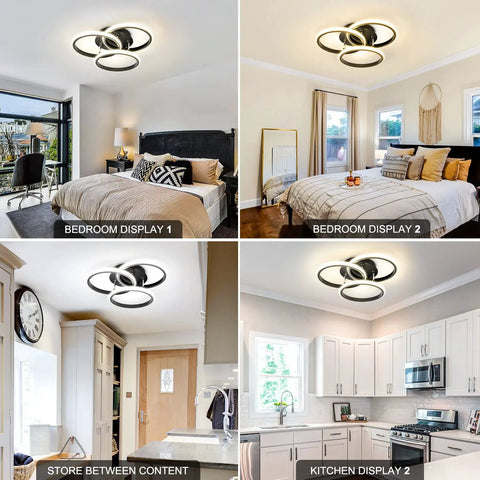 15.74 Inch Dimmable LED Flush Mount Ceiling Light with Remote in bedroom and kitchen displays, modern three-ring black design
