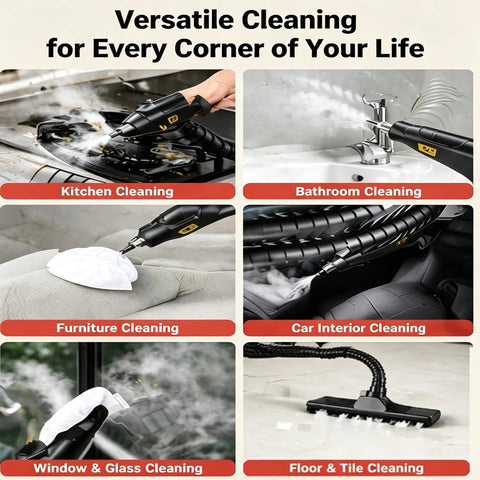 Powerful 2500W Handheld Steam Cleaner With Six Adjustable Settings used for kitchen, bathroom, furniture, car, and window cleaning.