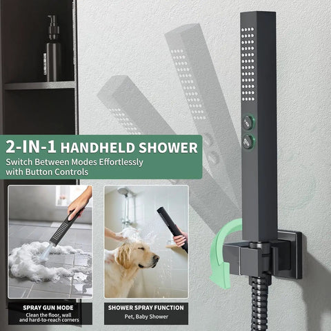 Legit Solid Three Way Matte Black Shower System With Ten Inch Ceiling Rain Head Six Inch Wall Sprayer And Extra Long Handheld Hose For Quick Rinsing And Serious Bathroom Glow Ups