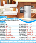 Two Pack Refrigerator Door Bin Shelf Replacement Upgraded Durable Bottom Shelf Rack For Compatible Fridge Models Sixteen Inch Long Front Bin Five And A Half Inch Deep Five And Three Quarter Inch High Easy Install shown with compatibility list and kitchen.