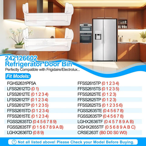Two Pack Refrigerator Door Bin Shelf Replacement Upgraded Durable Bottom Shelf Rack For Compatible Fridge Models Sixteen Inch Long Front Bin Five And A Half Inch Deep Five And Three Quarter Inch High Easy Install shown with compatibility list and kitchen.