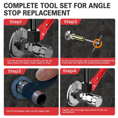 4 steps showing 6 Piece Plumbing Tools Kit With Angle Stop Wrench Half Inch Compression Sleeve Puller Sandpaper And Storage Bag
