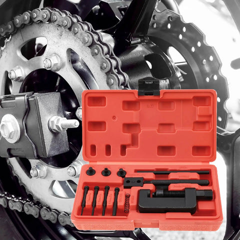 13Pcs Chain Breaker Tools Kit With Chrome Vanadium Steel For Motorcycle ATV Dirt Bike Scooter And Bicycle Chain Repair Riveter Set With Press Anvils Pins And Carrying Case shown beside motorcycle chain.