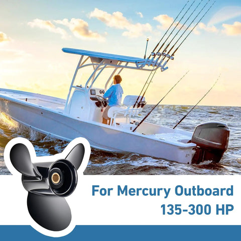 Beefy 14.25X21P Right Hand Aluminum Propeller with Hub Kit visible on boat for Mercury Outboard 135-300 HP.
