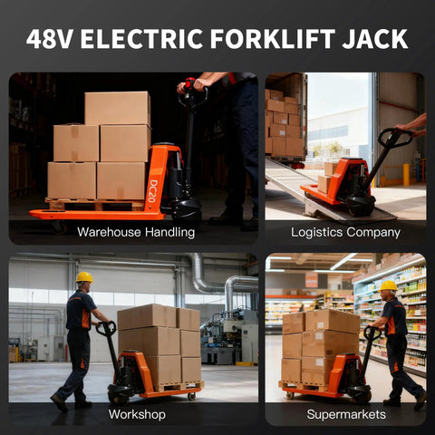 Robust 4400 Lb Capacity Motorized Electric Pallet Jack Truck With Standard Forks in action at a warehouse.