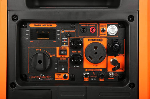 Control panel of Dual Fuel Inverter Generator With Remote Electric Start 4500 Surge Watts Gas 3500 Running Watts Or 4500 Surge Propane 3150 Running Watts RV Ready Portable Quiet 58 dBA EPA III CARB CO Watchdog Fuel Shut Off