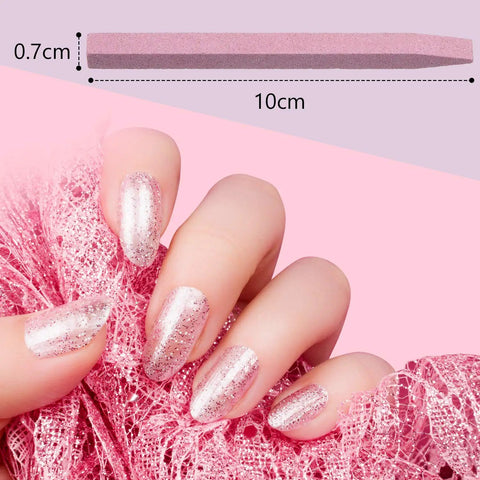 Hand holding pink pumice stone file, part of 40 Piece Stone Nail File Pumice Stick Set For Fingernails And Cuticles