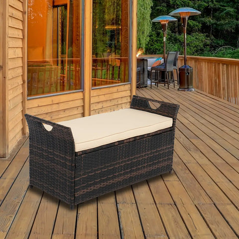 40 Gallon Outdoor Rattan Deck Box With Cushioned Seat 2.3 Inch Thick Cushion Steel Framed Patio Wicker Storage Chest For Garden