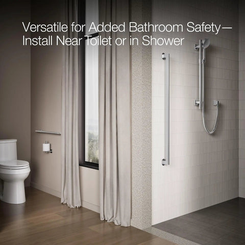 Rock Solid 24 Inch Wall Mounted Grab Bar For Bathroom Safety installed near toilet in modern bathroom setting.