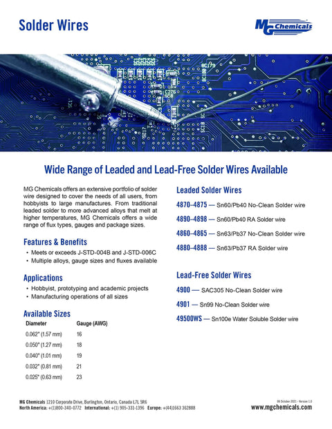 Solder wires product sheet with details on leaded and lead-free options, including 60/40 Rosin Core Leaded Solder Wire With Rosin Activated Flux.