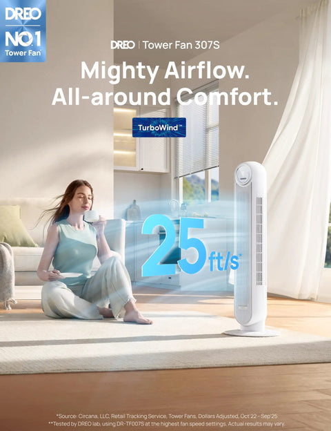 Bladeless 36-Inch Tower Fan for Bedroom, Ultra Quiet 28 dB, 25 ft/s airflow, in living room with woman meditating.