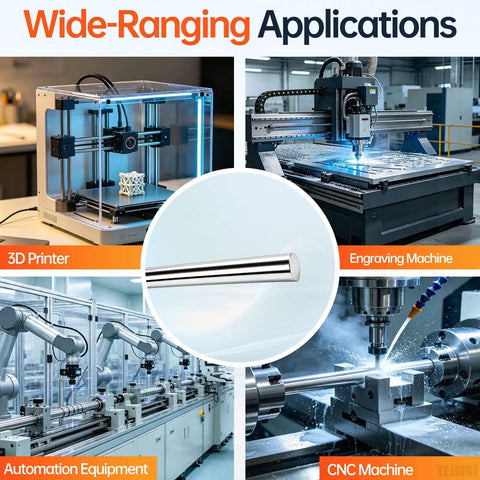 Image showcasing Grab These Epic 6MM X 300MM Linear Motion Rods Shaft Guides used in 3D printer, CNC machine, and automation equipment.