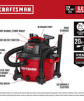 12 Gallon Wet Dry Vacuum With 6.0 Peak HP Motor, Portable Shop Vacuum showing features like blowing port, hose storage, and caster wheels