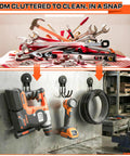 Heavy Duty Magnetic J Hooks Set With Anti Slip Layer For Metal Cabinets Garage Shelves And Garden Tools Beefy Build For Hanging Large Items Like Buckets Hoses And Tools Black Three Piece Set shown organizing tools in a garage.