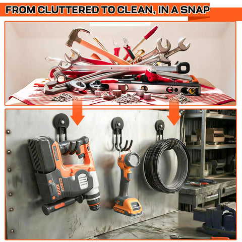 Heavy Duty Magnetic J Hooks Set With Anti Slip Layer For Metal Cabinets Garage Shelves And Garden Tools Beefy Build For Hanging Large Items Like Buckets Hoses And Tools Black Three Piece Set shown organizing tools in a garage.
