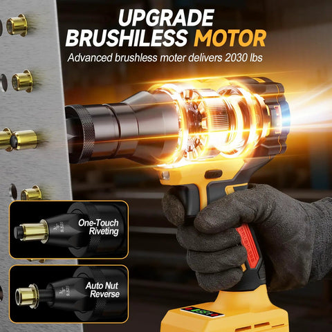 Cordless Rivet Nut Gun For 20V Battery Power with brushless motor and auto modes in action on metal with rivet nuts