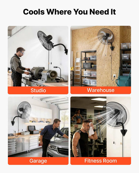 18 Inch Wall Mount Oscillating Fan With 3 Speed Settings, Long Reach Airflow Up To 29.5 Feet, Adjustable Tilt, Industrial Grade installed in various commercial spaces.