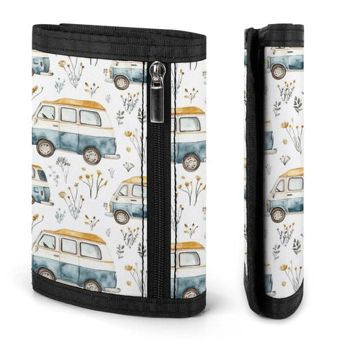 Trifold Wallet With ID Window And Card Holder Zipper Closure Lightweight Polyester, van print design