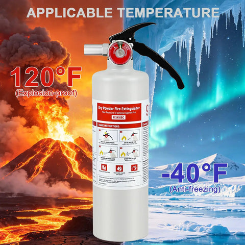 Four Pack Of 2.5 Lb Abc Dry Chemical Fire Extinguishers Rated 1A 10B C with temperature range of -40°F to 120°F, showing explosion-proof features.