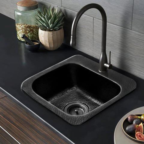 15 Inch Baxter Drop In Small Bar Sink With Hand Hammered Matte Black Aluminum Finish Faucet Hole Ready For Wet Kitchens
