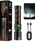 Hella Bright Rechargeable Flashlight With 30W LED 100000 Lumens next to packaging, USB-C cable, and outdoor lighting example.