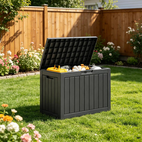Kick Back In A Clutter Free Yard With This Legit Heavy Duty Resin Deck Box Featuring A Fully Waterproof Lockable Lid And Classic Wicker Texture For Zero Stress All Season Patio Storage Solutions