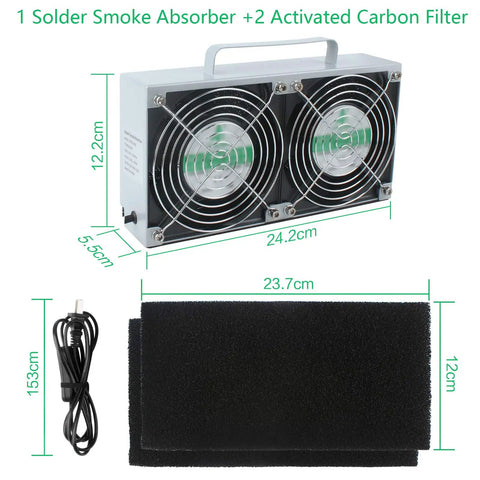 Solder Smoke Absorber Fume Extractor with 60W High Suction Fan, double activated carbon filters, and power cord, dimensions shown.