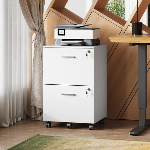 Kick Your Desk Setup Up A Notch With This Slick White Two Drawer File Cabinet Featuring Top Tier Locks And Smooth Casters That Double As A Mobile Printer Stand For A Straight Fire Home Office Vibe No Matter What with printer on top