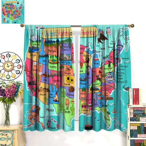 Colorful US Map Curtain Set For Kids Bedroom And Classroom, Cartoon America Design Blackout Window Drapes, 2 Panels, 63x72 Inches