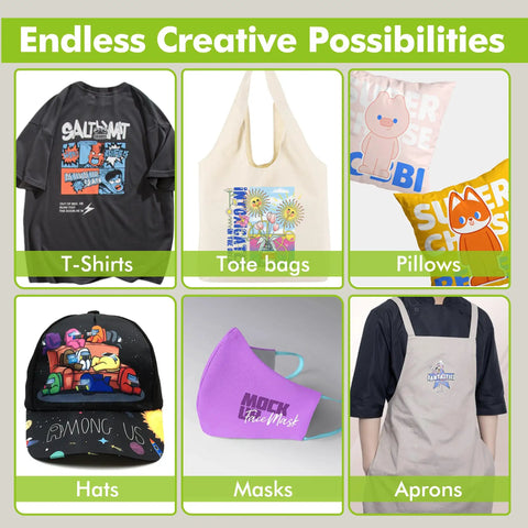 Collage of items made with Printable Heat Transfer Vinyl for Dark Fabric T Shirts 8.5 by 11 Inch Sheets Set of 20 Iron On Transfer Paper