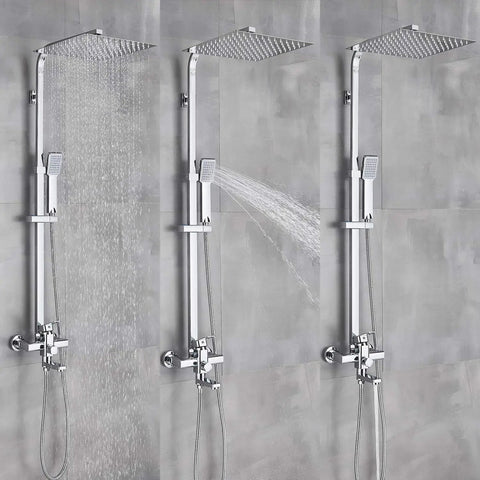 Rainfall Shower System Chrome With 8 Inch Square Shower Head Hand Spray Mixer Tap Tub Tap Wall Mount Bathroom Fixtures Solid Brass Lead Free Easy Install Spa Quality Bath Upgrade For A Dope Shower Experience showing three water flow modes