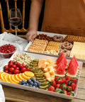 Four Pack Large White Serving Trays Set 16 By 11 Inch Food Grade BPA Free Plastic Platter For Cookies Appetizers Charcuterie Desserts And Party Snacks, Stackable Countertop Display with fruit and crackers
