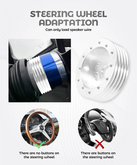 Slick Billet Aluminum Steering Wheel Adapter Hub Conversion Kit Plug And Play Six Hole To Three Bolt Polished Spacer showing installation and compatibility details.