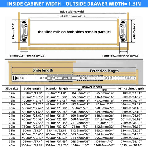 Diagram showing installation dimensions for Beefy Heavy Duty Drawer Slides 22 Inch Long, 53 mm Wide, 2.1 Inches Full Extension 3 Fold.