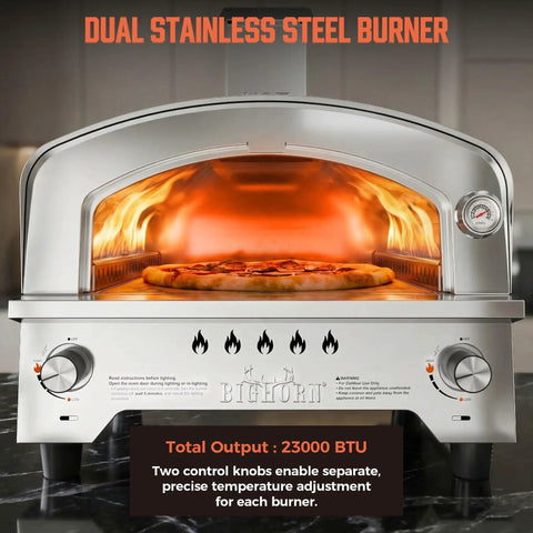 Portable Gas Pizza Oven With 15 Inch Stone, Stainless Steel Backyard Tailgate Ready Pizza Maker, pizza baking inside