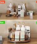 Rotating Nine Inch Lazy Susan Spice Organizer For Kitchen Countertop And Cabinet, showing before and after organization on turntable.