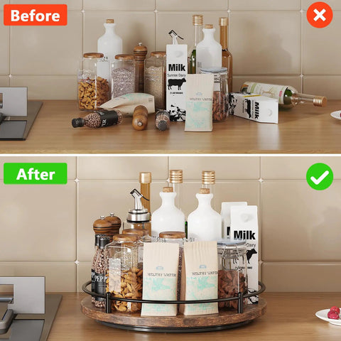 Rotating Nine Inch Lazy Susan Spice Organizer For Kitchen Countertop And Cabinet, showing before and after organization on turntable.