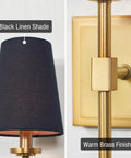 Dope Mid Century Modern Wall Sconce With Black Linen Cone Shade And Warm Brass Finish Slim Candle Wall Light Close-Up
