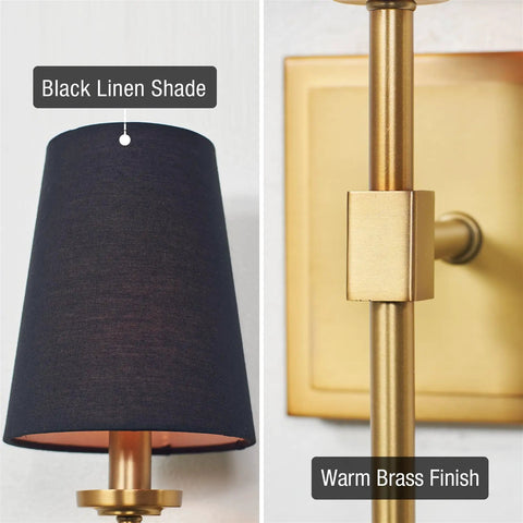 Dope Mid Century Modern Wall Sconce With Black Linen Cone Shade And Warm Brass Finish Slim Candle Wall Light Close-Up