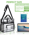 Go To Clear Stadium Bag For Work And Gym With Non Detachable Reinforced Straps 12 By 5.5 By 12 Inches Transparent Tote Lunch Bag For Sporting Events And Travel Black with wide shoulder straps and capacity display beside laptop and tablet.