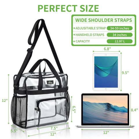 Go To Clear Stadium Bag For Work And Gym With Non Detachable Reinforced Straps 12 By 5.5 By 12 Inches Transparent Tote Lunch Bag For Sporting Events And Travel Black with wide shoulder straps and capacity display beside laptop and tablet.